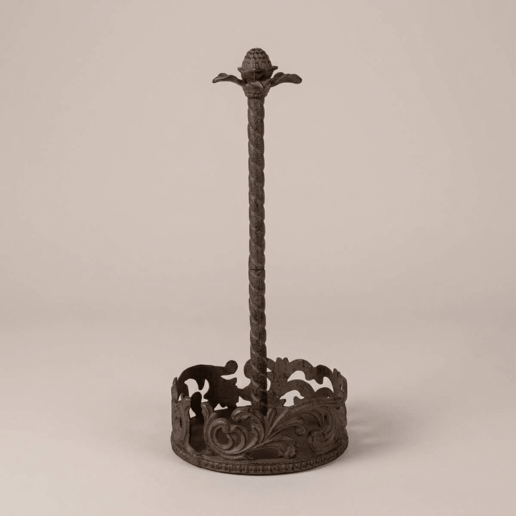 Bellavita Paper Towel Holder showing the twisted post and botanical finial against taupe.