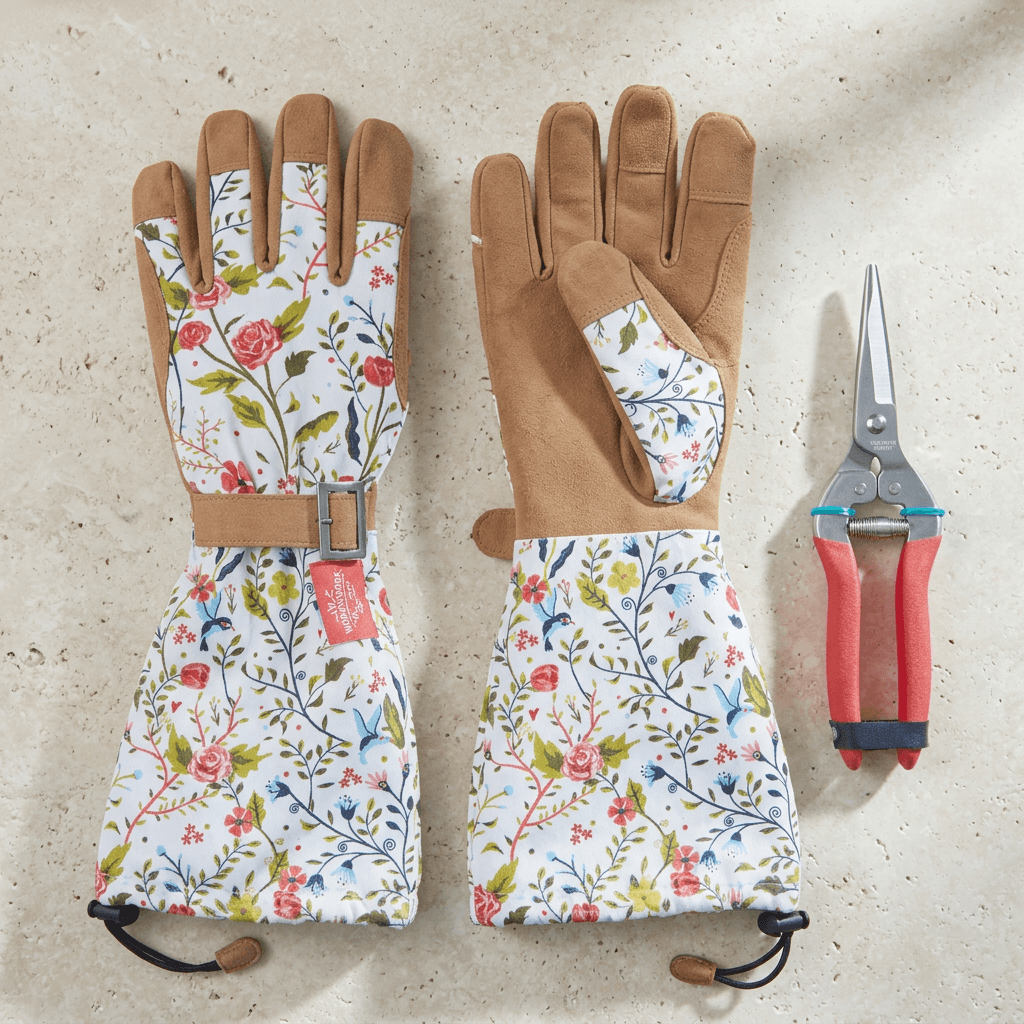 Overhead detail of Garden of Paradise floral gardening gloves with tan palms and red-handled pruning shears on a light stone surface.