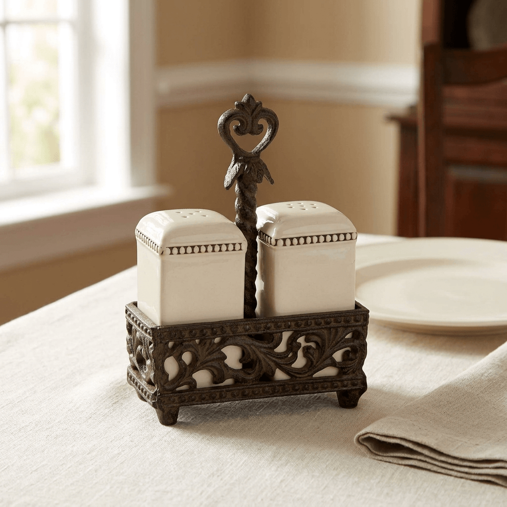 Bellavita cream ceramic salt and pepper set styled on an ivory linen dining table beside a plate and napkin.