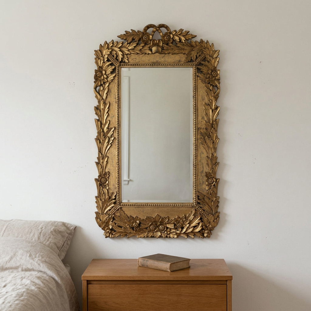 Gold Chantilly laurel wall mirror above an oak dresser in a simple bedroom