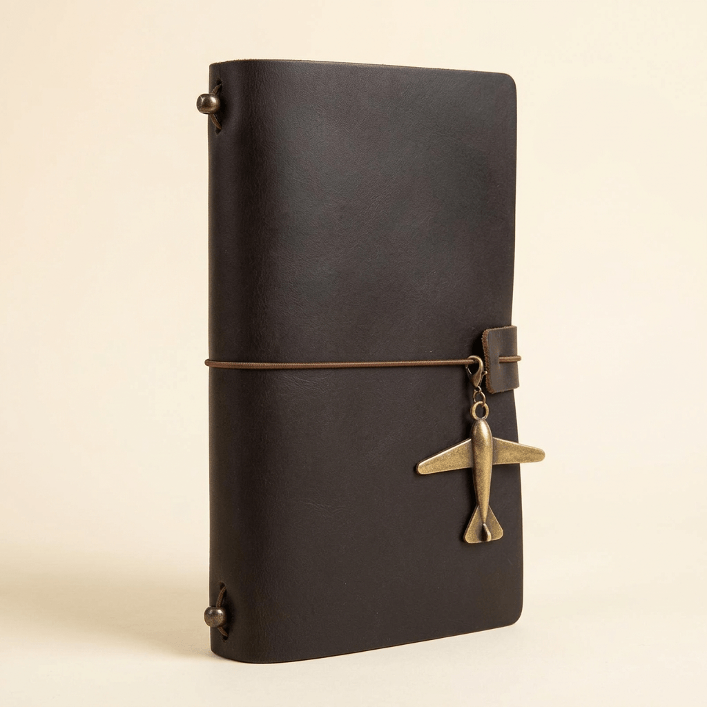 Dark leather journal with cord closure, leather tab, and brass airplane charm on an ivory background