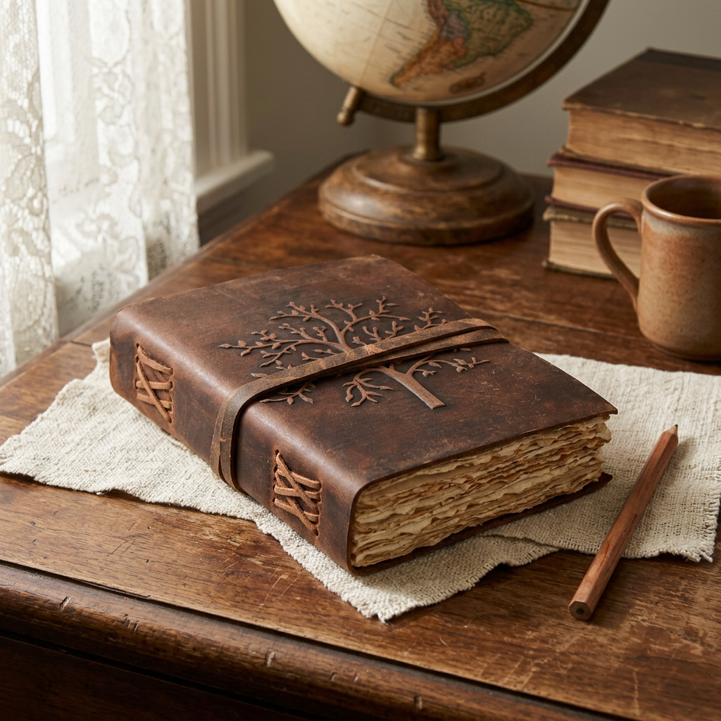 Brown Tree of Life leather journal styled on a walnut writing desk beside linen and a pencil