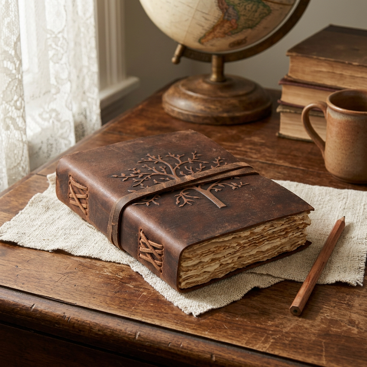 Brown Tree of Life leather journal styled on a walnut writing desk beside linen and a pencil