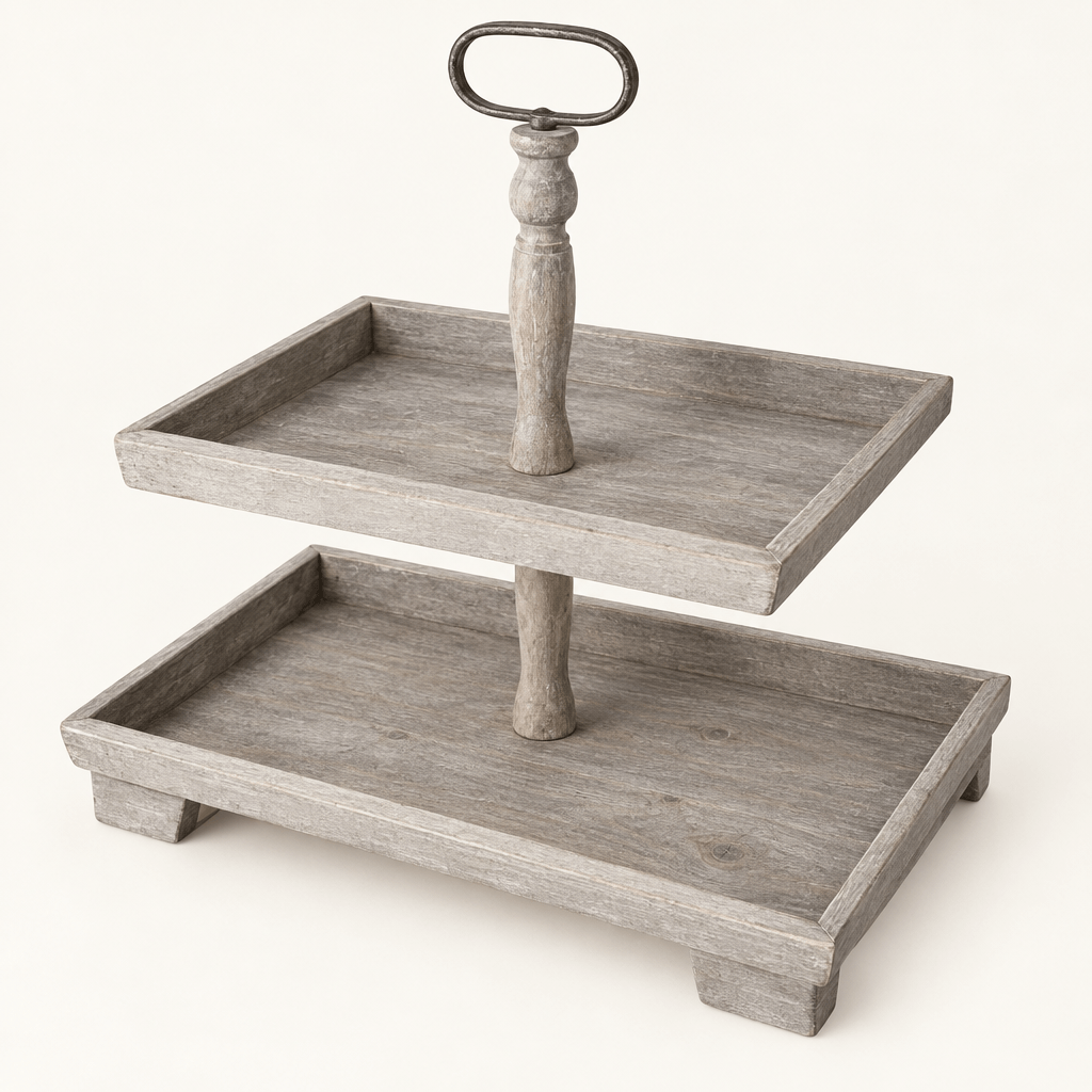 Empty Grey Recycled Pine Two-Tier Display Stand on an ivory studio background