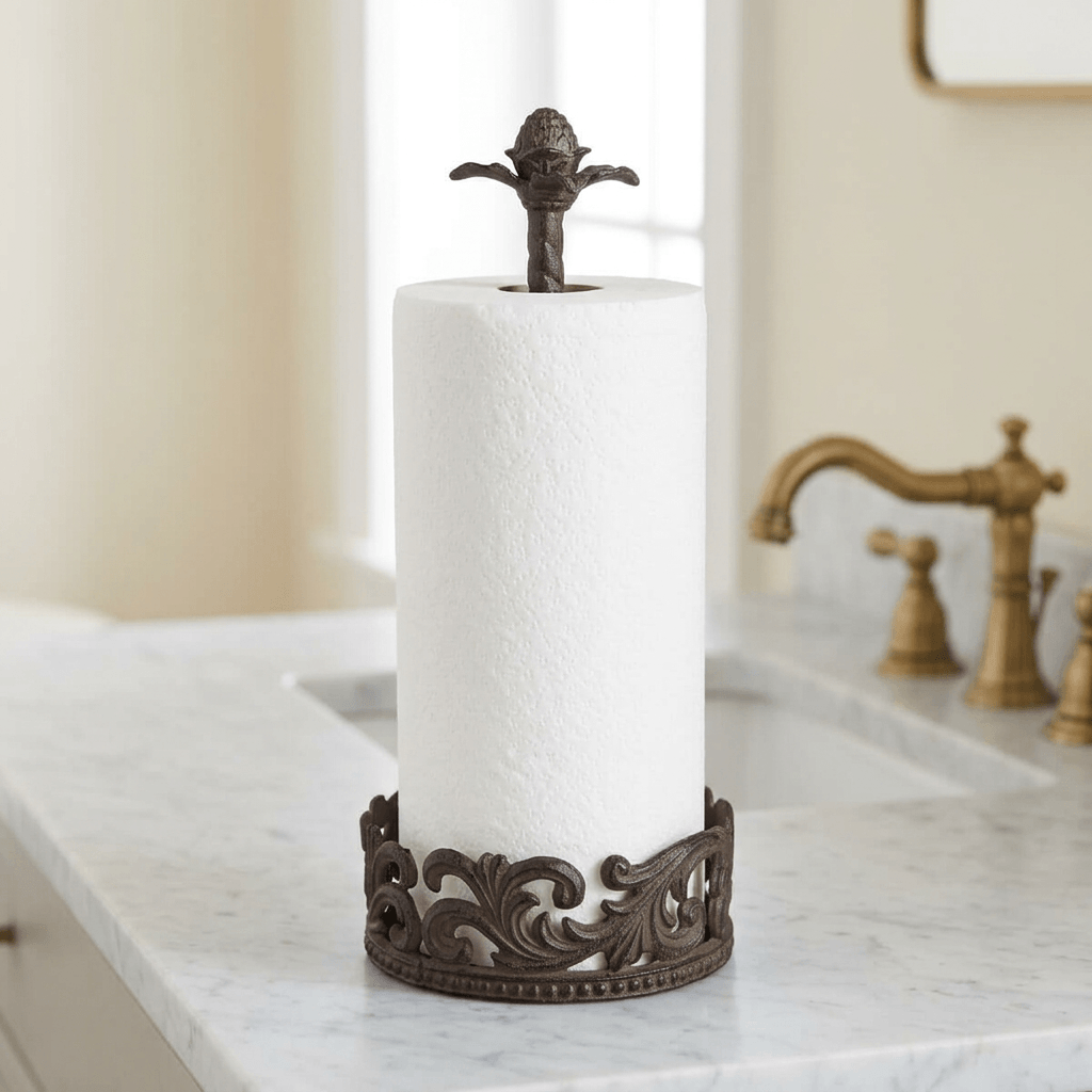 Bellavita Paper Towel Holder with paper towels on a marble bathroom vanity.
