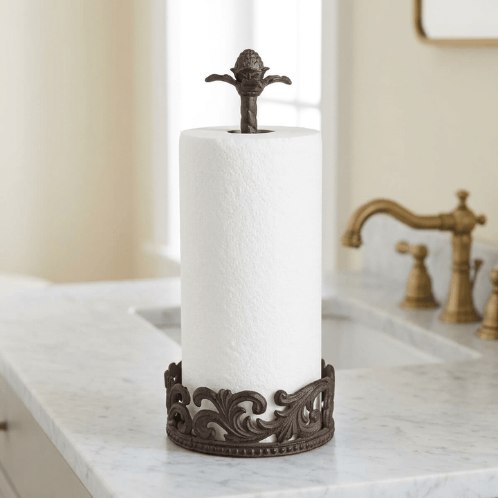 Bellavita Paper Towel Holder with paper towels on a marble bathroom vanity.