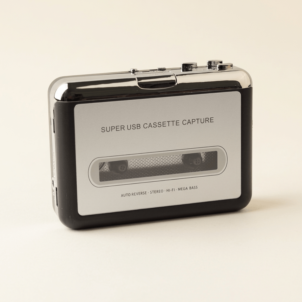 Silver-and-black portable USB cassette player with cassette window and chrome top controls on an ivory studio background.