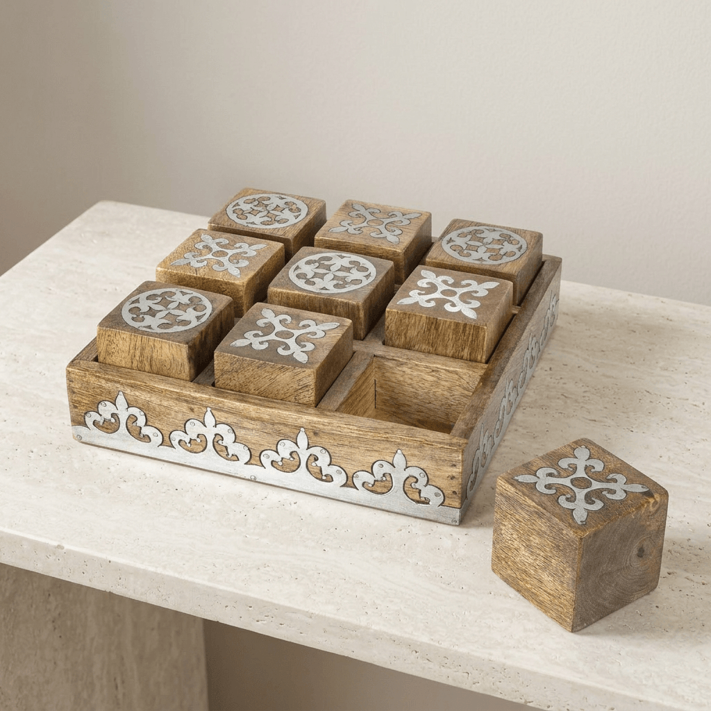 Belvedere mango wood tic tac toe board and decorative metal-inlaid playing cubes on a pale stone console.