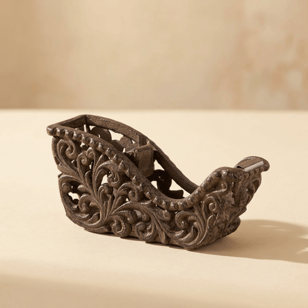 Bellavita Tape Dispenser in dark antique bronze cast metal with openwork acanthus scrollwork, on a cream studio backdrop