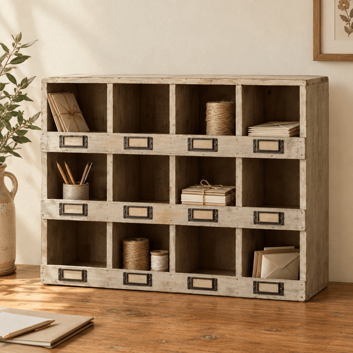Rustic recycled pine cubby box organizing small stationery supplies on an oak desk