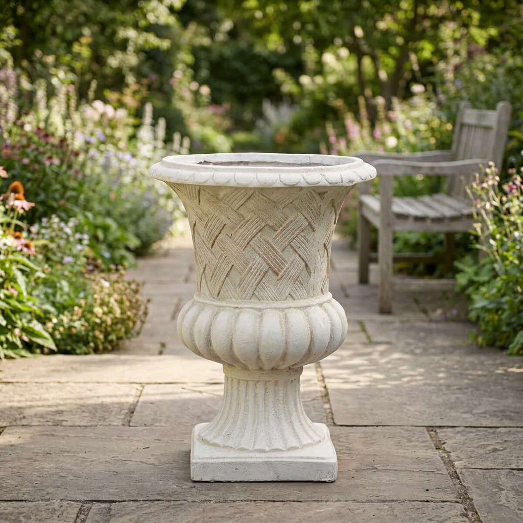 Stone finish Trevi Lattice Weave Urn Planter on a flagstone patio with a garden bench in the background.