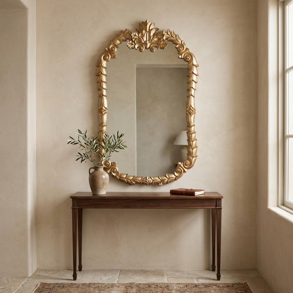 Soft Gold Colette carved wood wall mirror styled above a walnut console in a French-inspired entryway.