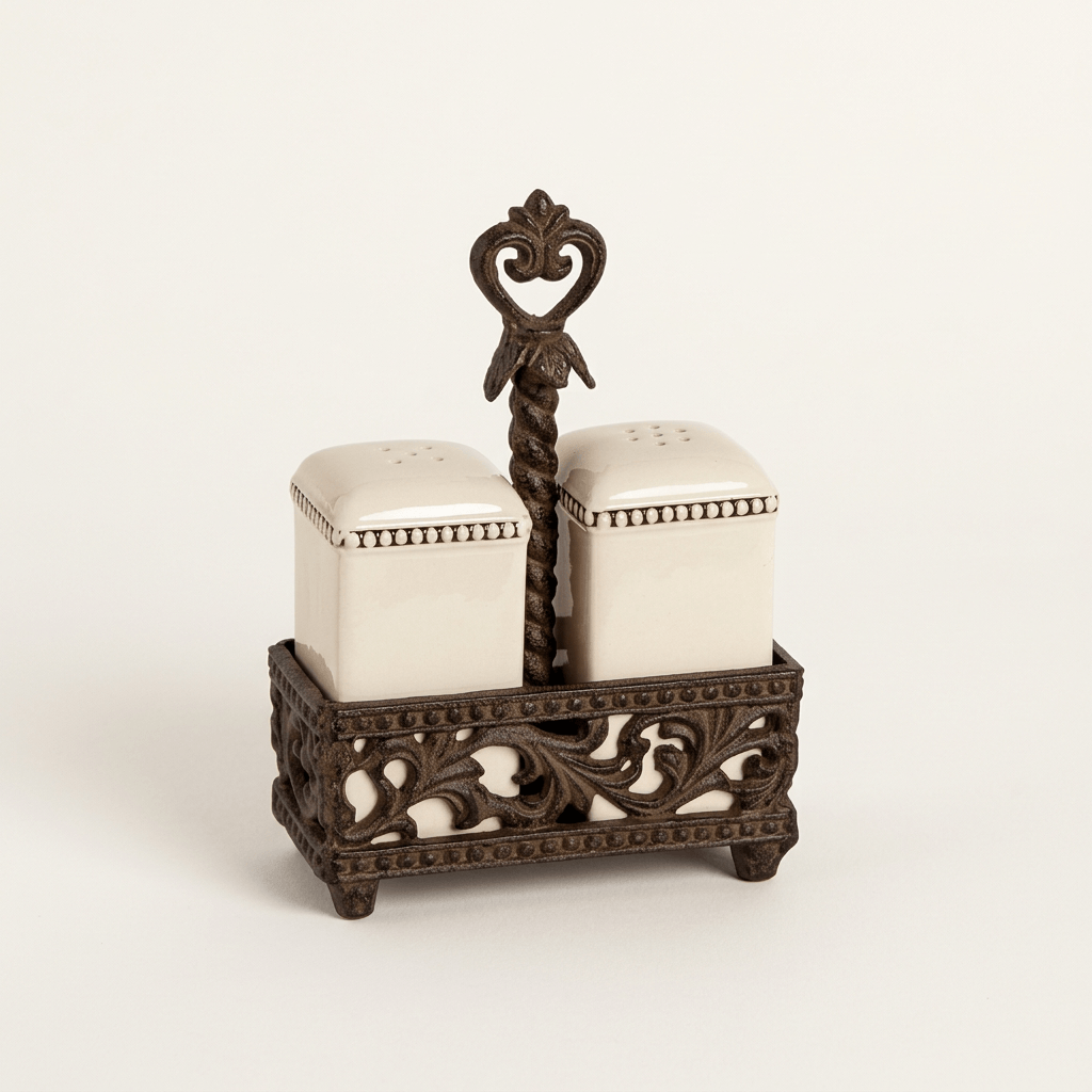Bellavita cream ceramic salt and pepper shakers in an ornate brown metal holder on a warm white background.
