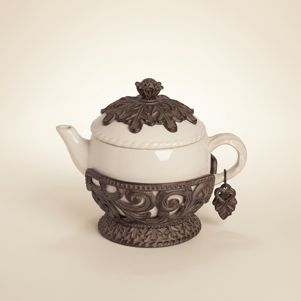 Cream teapot in ornate dark brown metal cradle with leaf detailing on an ivory background