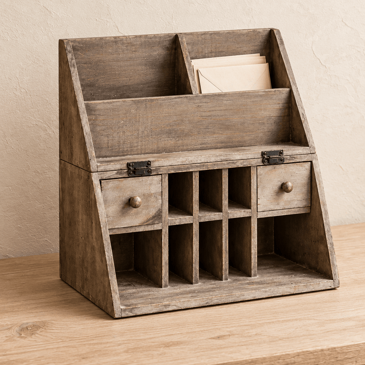 Angled view of Recycled Wood Folding Desk Caddy with envelopes in an upper letter slot
