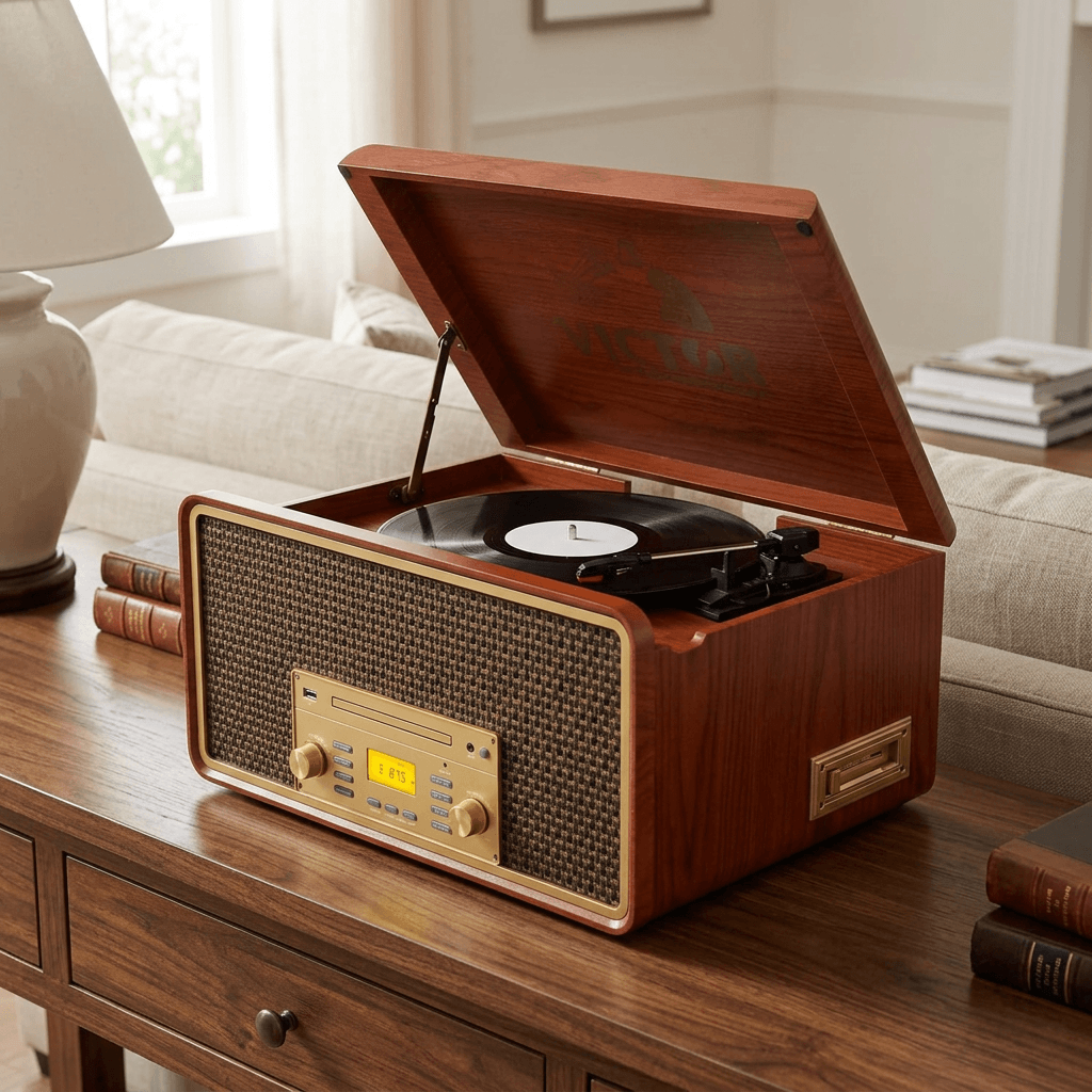 Mahogany Monument wood music center with gold controls and open turntable lid styled in a classic living room.