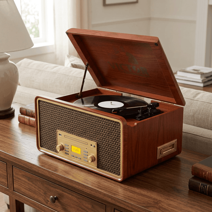 Mahogany Monument wood music center with gold controls and open turntable lid styled in a classic living room.