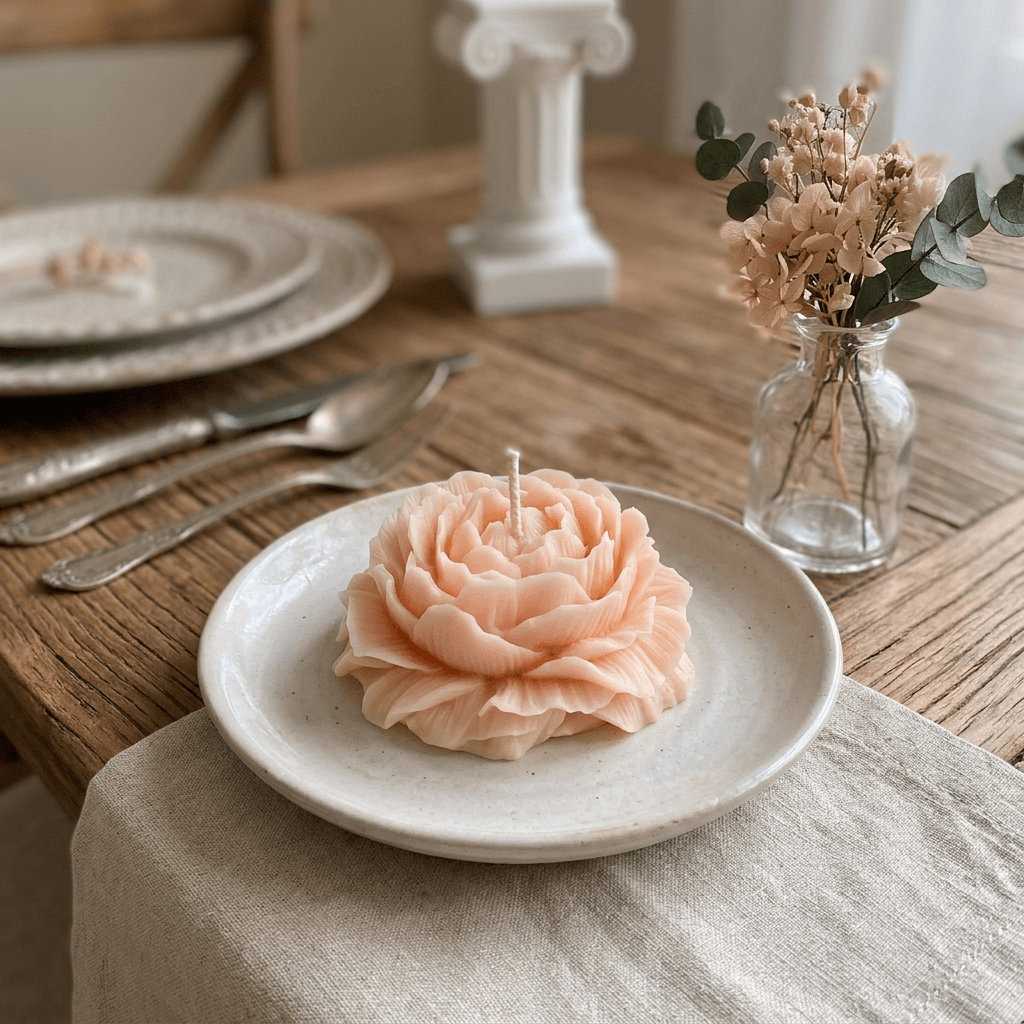 Peach peony-shaped soy wax candle on a ceramic dish in a linen dining-table setting.