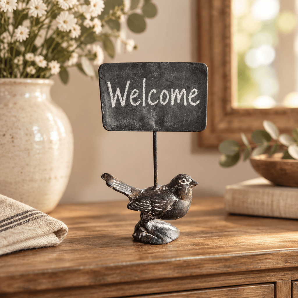 Cast iron bird chalkboard sign with a Welcome message styled on an entryway console.