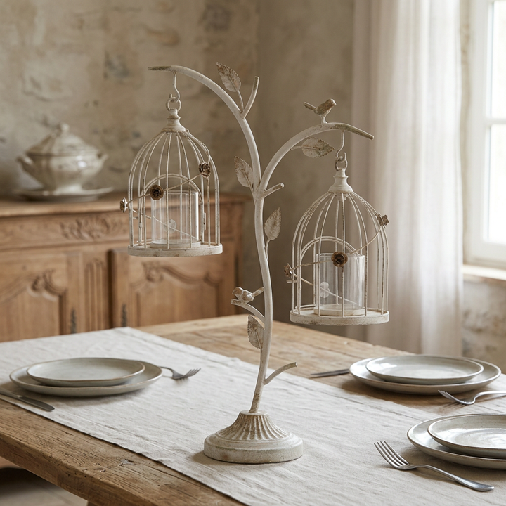 Birdcage candle holder displayed as a centerpiece on a rustic indoor dining table with a linen runner and ceramic place settings.