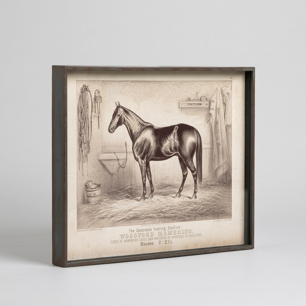 Angled view of one racehorse portrait from the six-piece set, showing its aged black frame and cream-toned artwork.