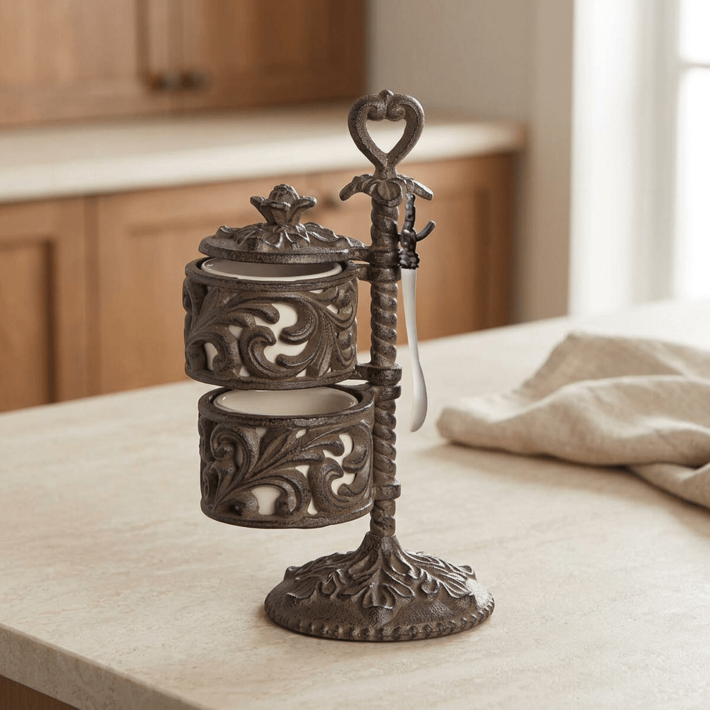 Bellavita Spice Cellar on a pale stone kitchen counter with warm wood cabinets behind.