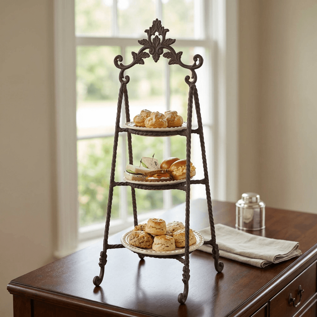 Bellavita three-tier stand displaying pastries, sandwiches and scones on a dining buffet
