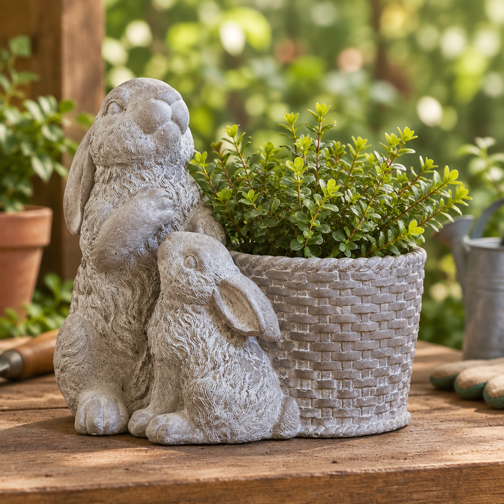Cement double rabbit basket planter styled with greenery on a garden potting table
