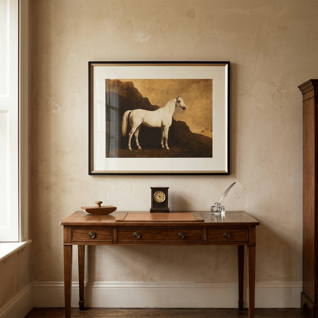 Single white thoroughbred framed horse print displayed above a walnut console in a country-house study.
