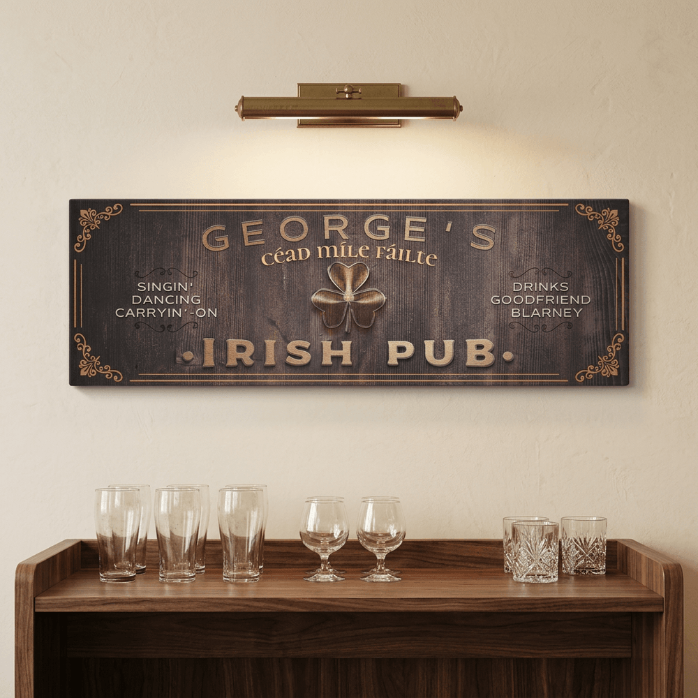 Irish pub canvas sign with example George's personalization and shamrock artwork above a walnut home-bar console.