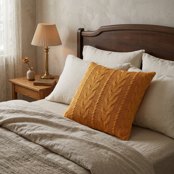 Ochre cable-knit Euro pillow layered against ivory pillows on a linen-covered bed.