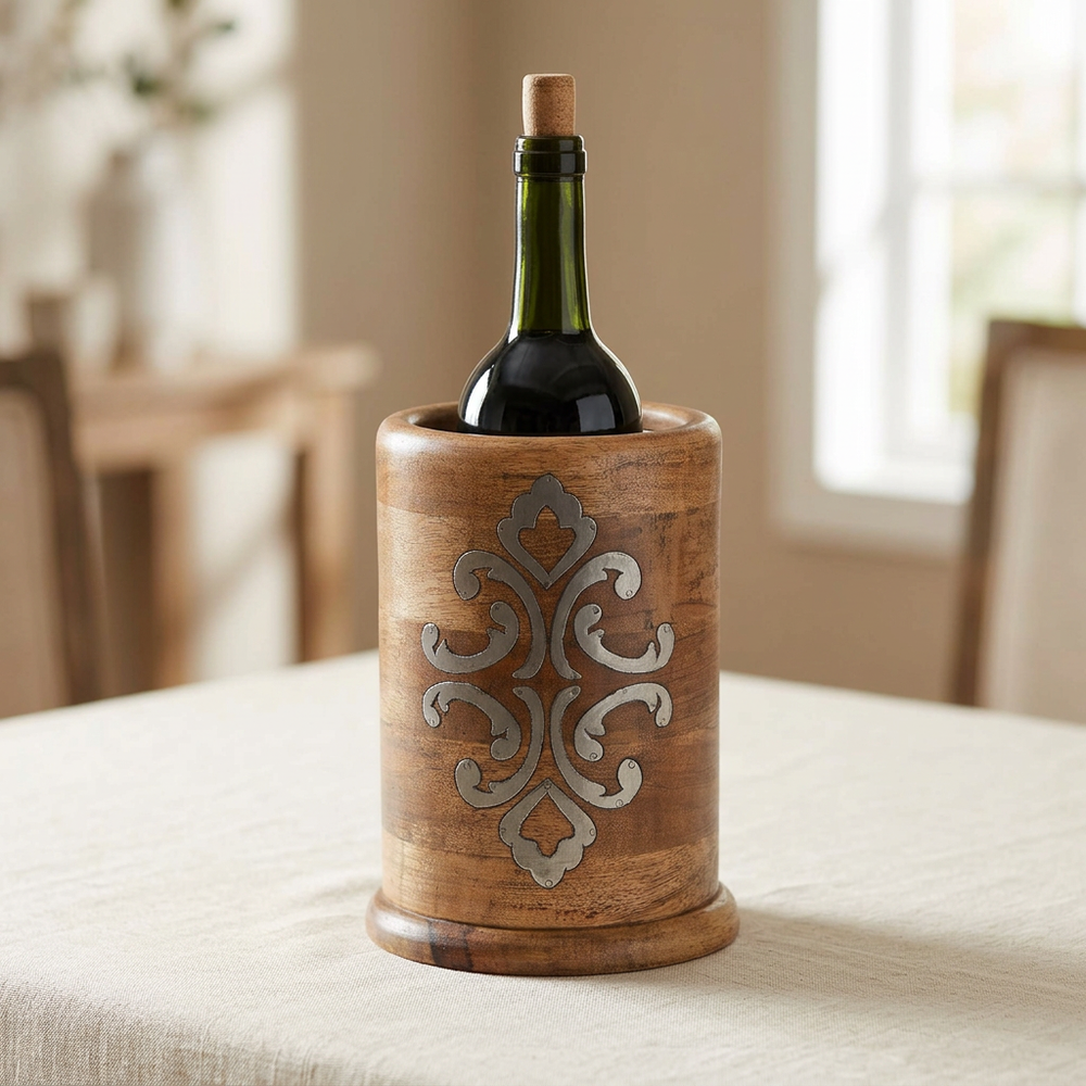 Belvedere wood wine chiller holding a green wine bottle on a linen-covered table; bottle shown for styling only.
