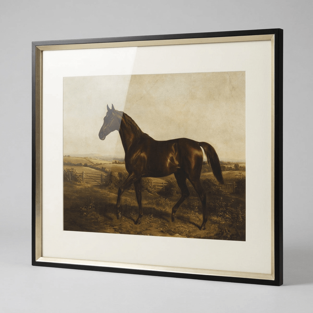 Angled view of the dark thoroughbred print showing its ivory mat and slim black frame with a gold-toned inner edge.