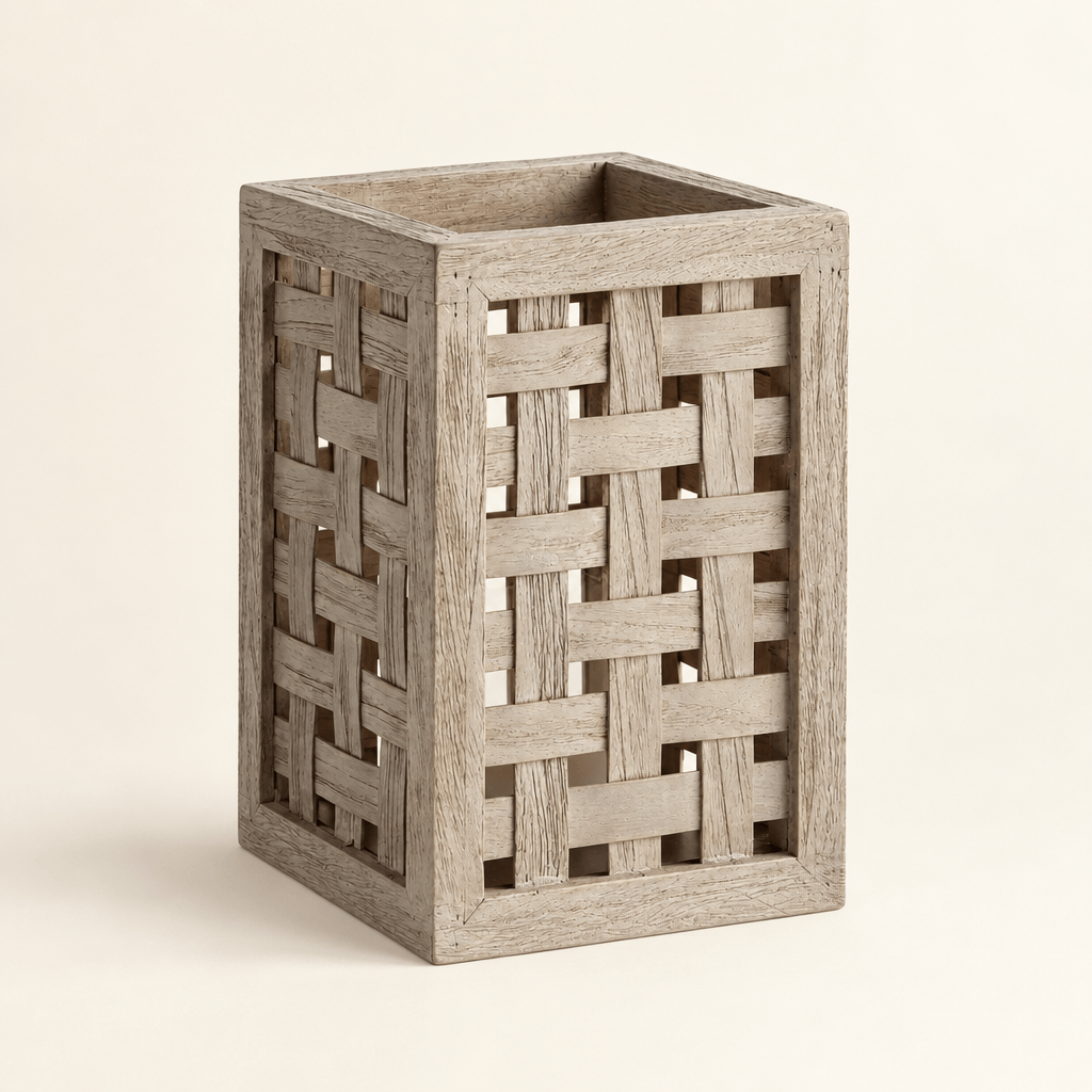 Empty gray-washed teak hurricane showing its square frame, open top, and wide woven check panels.