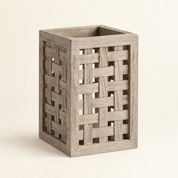 Empty gray-washed teak hurricane showing its square frame, open top, and wide woven check panels.