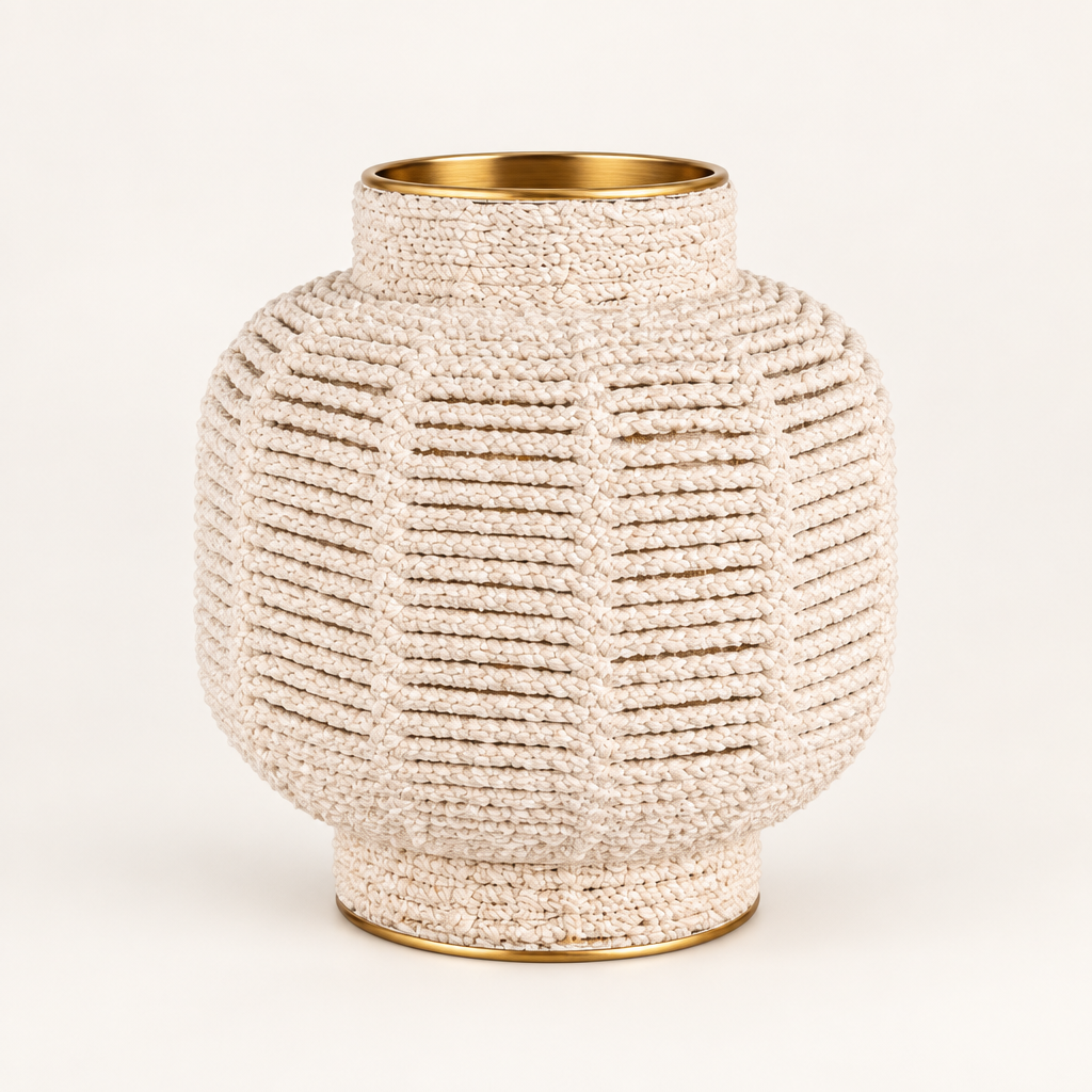 White macrame brass-finish vase on a warm white studio background