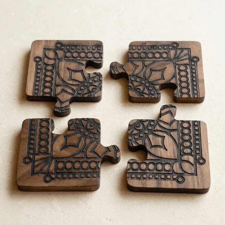 Four engraved walnut puzzle-piece coasters arranged separately on an ivory stone surface.