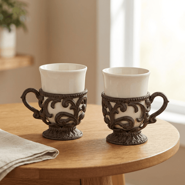 Two Bellavita cream ceramic coffee cups in ornate dark brown metal holders on an oak table by a window
