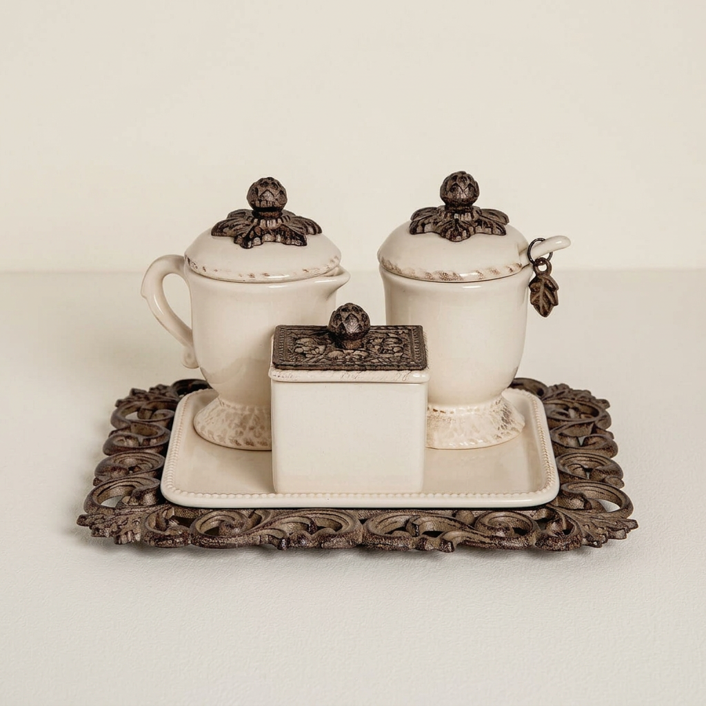 Bellavita cream and sugar set with covered sweetener box and ornate acanthus tray on ivory background.