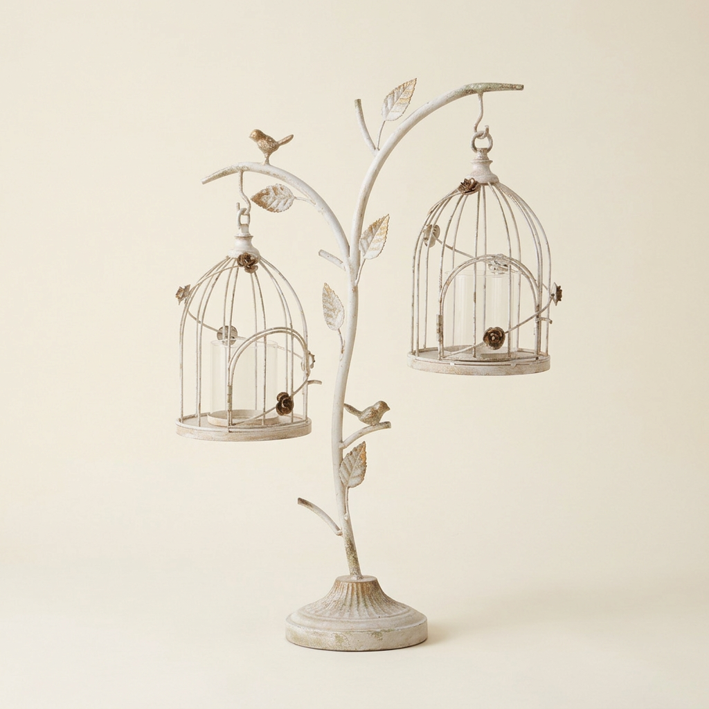 Studio view of the distressed white and gold birdcage candle holder with two hanging lanterns, metal birds, and leafy branches.