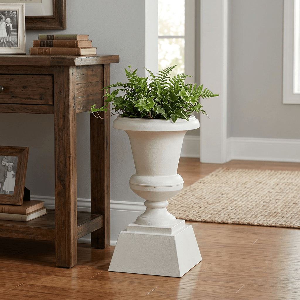 Hawthorne Aged Iron Urn Planter in Soft White, styled with greenery on the floor beside a wooden entry console.
