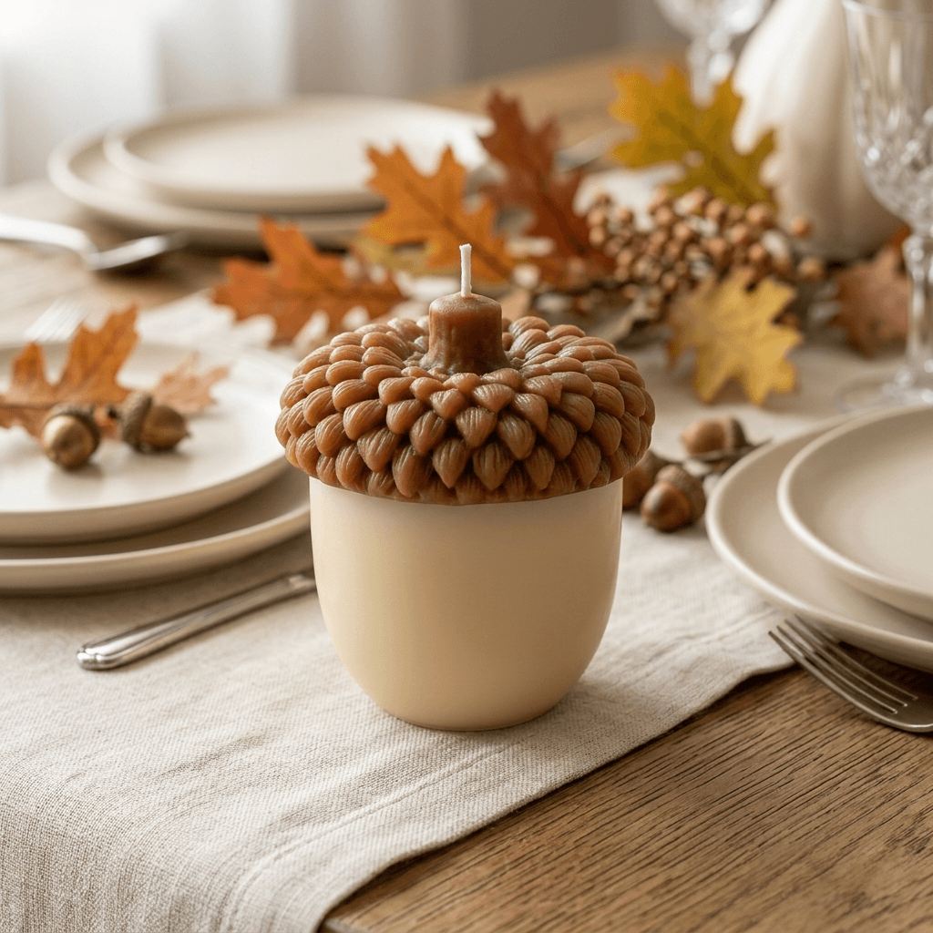 Ivory and brown acorn soy wax candle on an oak dining table styled with linen and autumn foliage.
