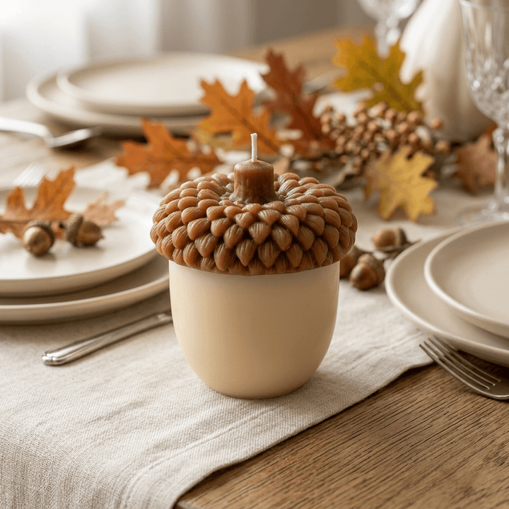Ivory and brown acorn soy wax candle on an oak dining table styled with linen and autumn foliage.