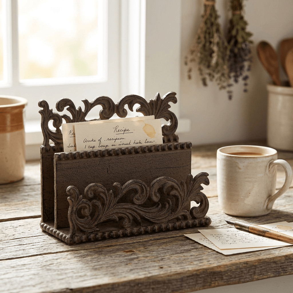 Bellavita Letter Holder holding recipe cards on a rustic farmhouse kitchen counter beside a cream mug