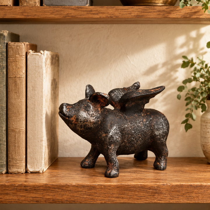 Cast Iron Flying Pig sculpture styled beside worn books on an oak shelf