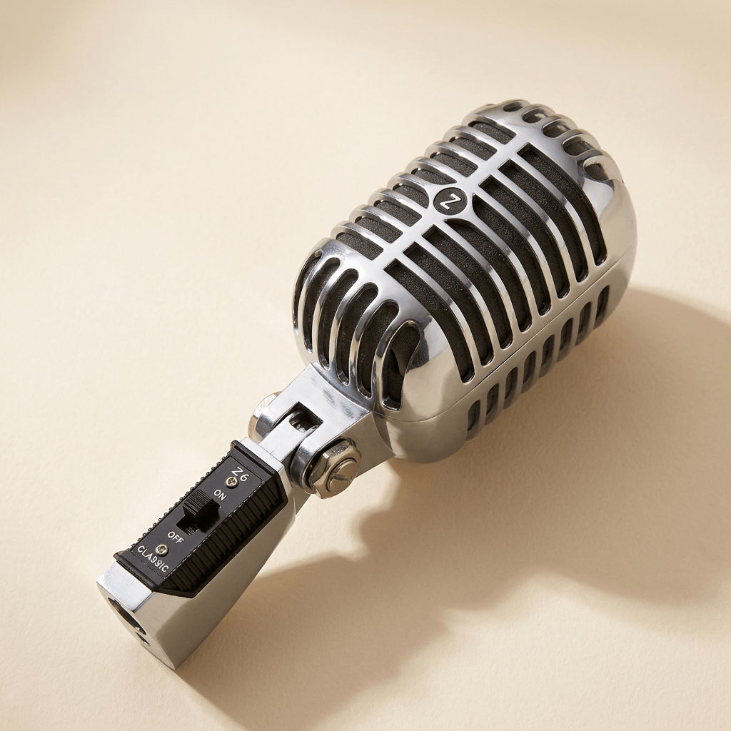 Silver Z6 retro grille microphone unit photographed on an ivory studio surface.