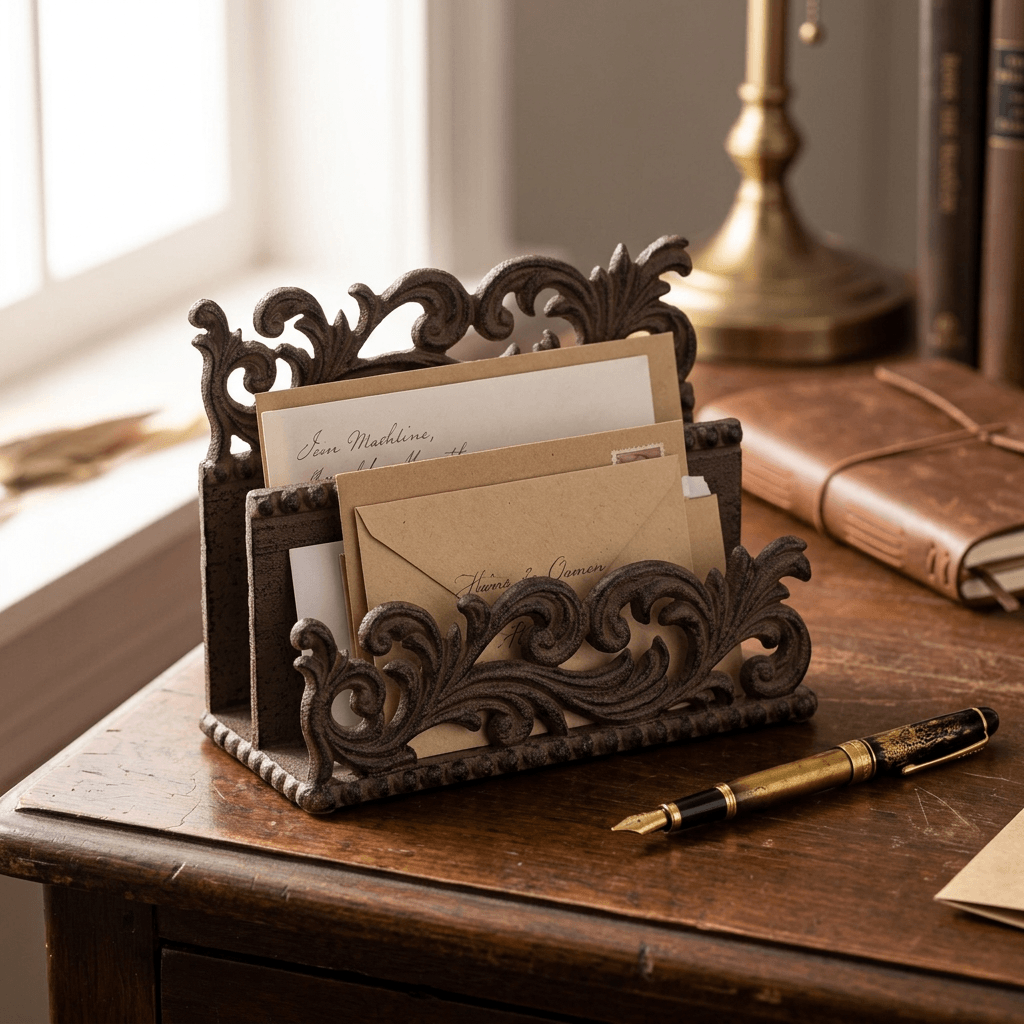 Bellavita Letter Holder holding letters and envelopes on a vintage wooden writing desk beside a fountain pen