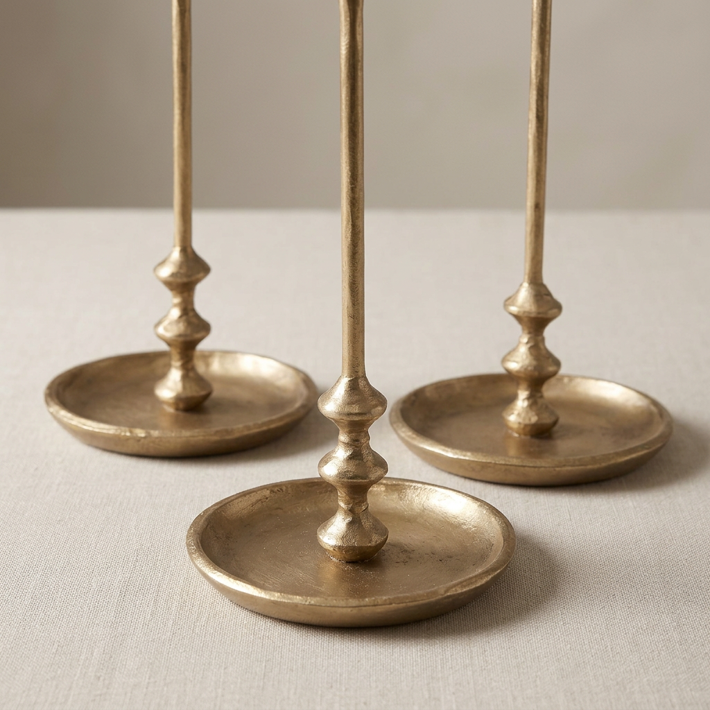 Close-up of the antique gold candle holders’ shallow round bases, sculptural stem details, and softly textured finish.