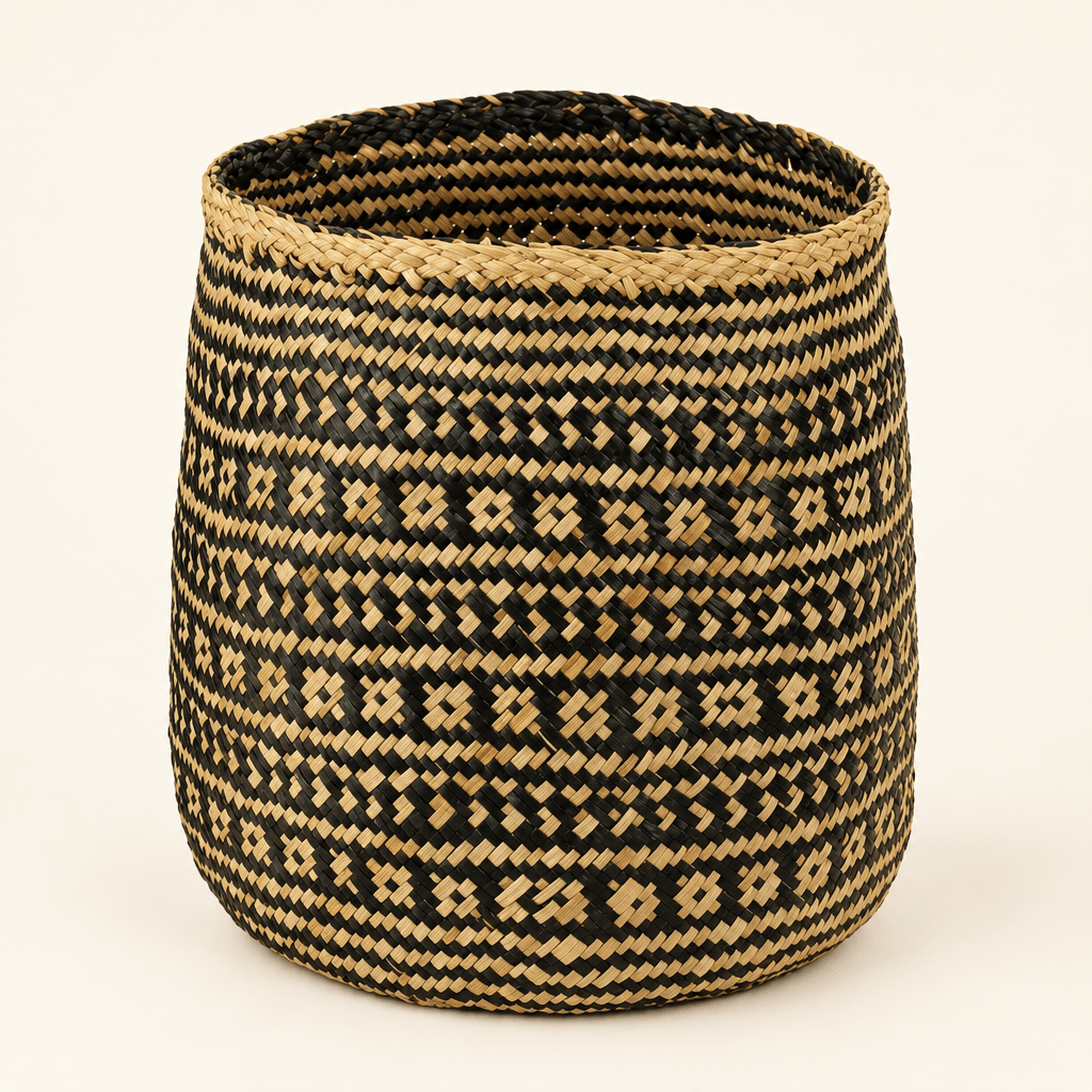 Black and natural geometric seagrass storage basket on an ivory studio background.