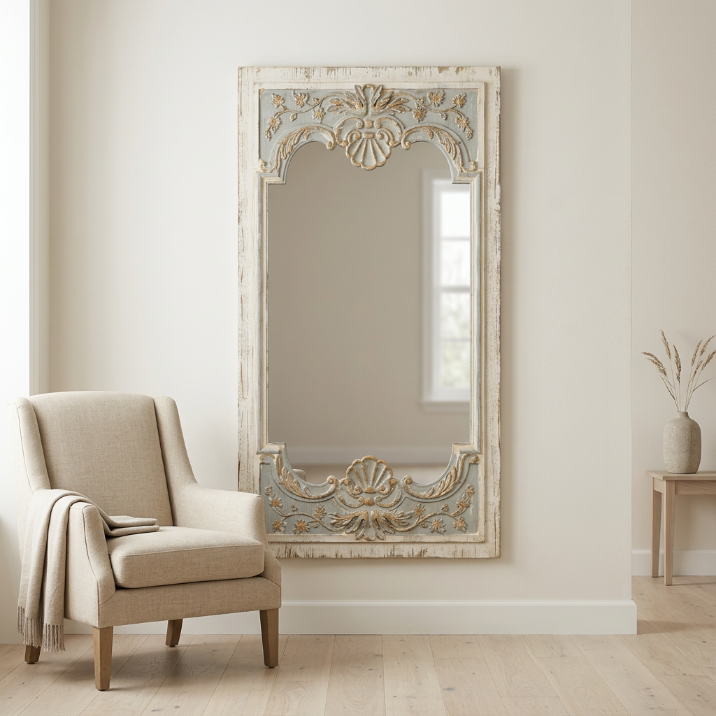 Avelune Carved Wood Mirror with carved floral and shell detailing styled beside a cream upholstered chair.